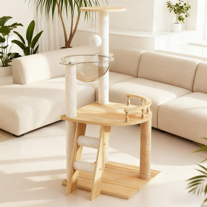 Modern wooden cat tree tower placed next to a beige sectional sofa in a bright living room with houseplants.