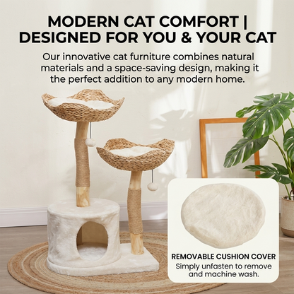 Product feature banner for a modern natural wood cat tree with woven basket perches, highlighting a removable and machine-washable plush cushion cover.