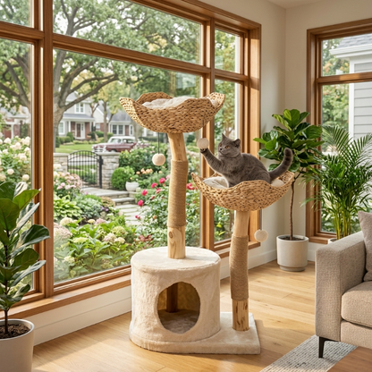A modern real-wood cat tree with two handwoven flower-shaped basket perches, sisal scratching posts, and a plush condo placed next to a large window, featuring a grey British Shorthair cat playing with a dangling ball.