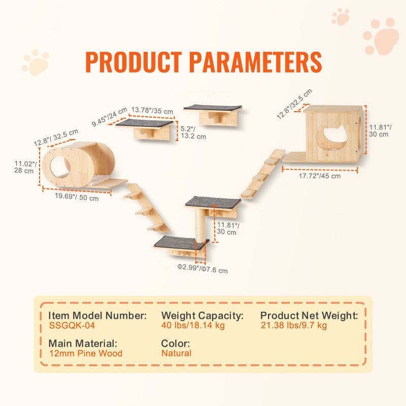 A full view of a natural solid pine wood cat wall shelf set mounted on a light beige wall, including cat houses, ladders, and scratching perches.