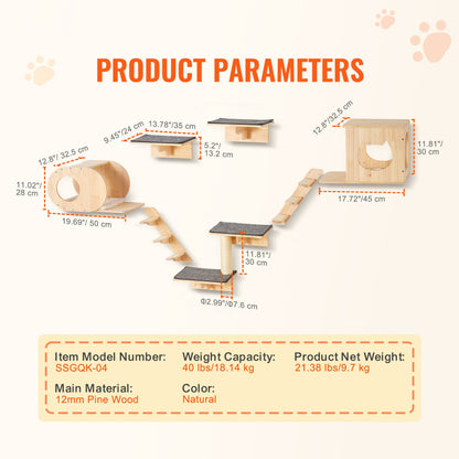 A full view of a natural solid pine wood cat wall shelf set mounted on a light beige wall, including cat houses, ladders, and scratching perches.