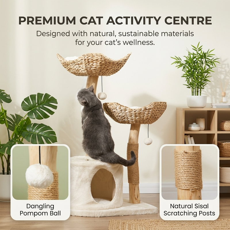 Infographic displaying a premium natural wood cat activity centre with insets highlighting a dangling pompom ball toy and natural sisal scratching posts.