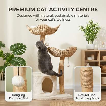 Infographic displaying a premium natural wood cat activity centre with insets highlighting a dangling pompom ball toy and natural sisal scratching posts.