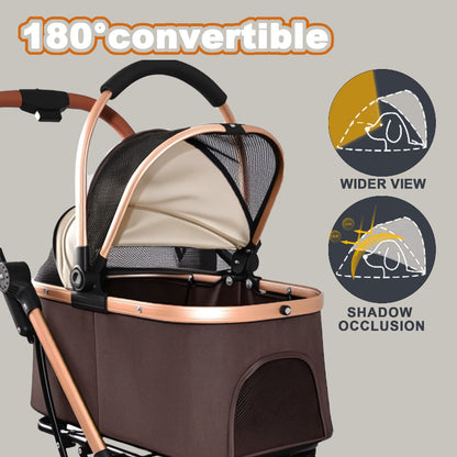 Close-up diagram of a brown and gold pet stroller basket showcasing its 180-degree convertible canopy with mesh window for a wider view and UV shadow occlusion protection.