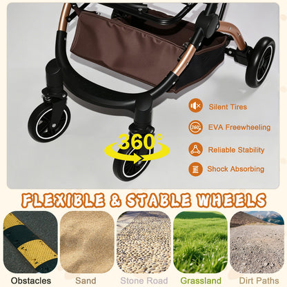 Diagram of pet stroller wheels highlighting 360-degree freewheeling, shock absorption, silent tires, and stability across terrains including obstacles, sand, stone roads, grass, and dirt paths.