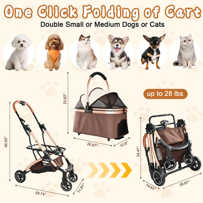 Dimension chart of the 2-in-1 pet stroller showing folded and unfolded frame sizes, detachable carrier dimensions, and a 28 lbs weight capacity suitable for small or medium dogs and cats.