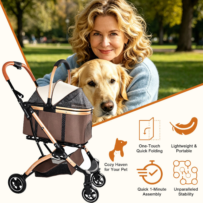 Infographic of a khaki and gold 4-wheel pet stroller highlighting key features: one-touch quick folding, lightweight portable design, quick 1-minute assembly, and stability, with a woman hugging a Golden Retriever in the background.
