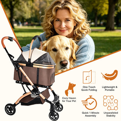 Infographic of a khaki and gold 4-wheel pet stroller highlighting key features: one-touch quick folding, lightweight portable design, quick 1-minute assembly, and stability, with a woman hugging a Golden Retriever in the background.