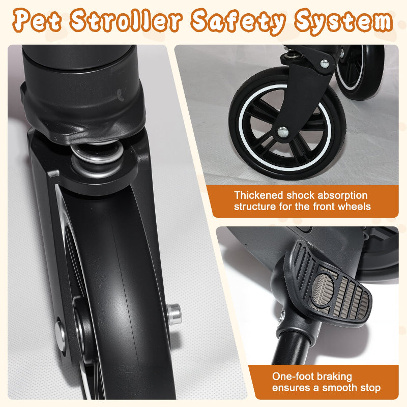 Close-up view of the pet stroller safety system showing thickened shock absorption springs on the front wheels and a one-foot rear brake pedal for smooth stopping.