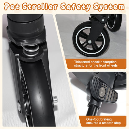 Close-up view of the pet stroller safety system showing thickened shock absorption springs on the front wheels and a one-foot rear brake pedal for smooth stopping.