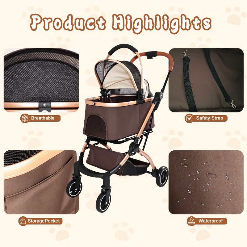 Infographic of a khaki and gold pet stroller showcasing product highlights: breathable mesh window, internal safety tethers, side storage pocket, and waterproof fabric.