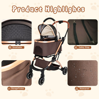 Infographic of a khaki and gold pet stroller showcasing product highlights: breathable mesh window, internal safety tethers, side storage pocket, and waterproof fabric.