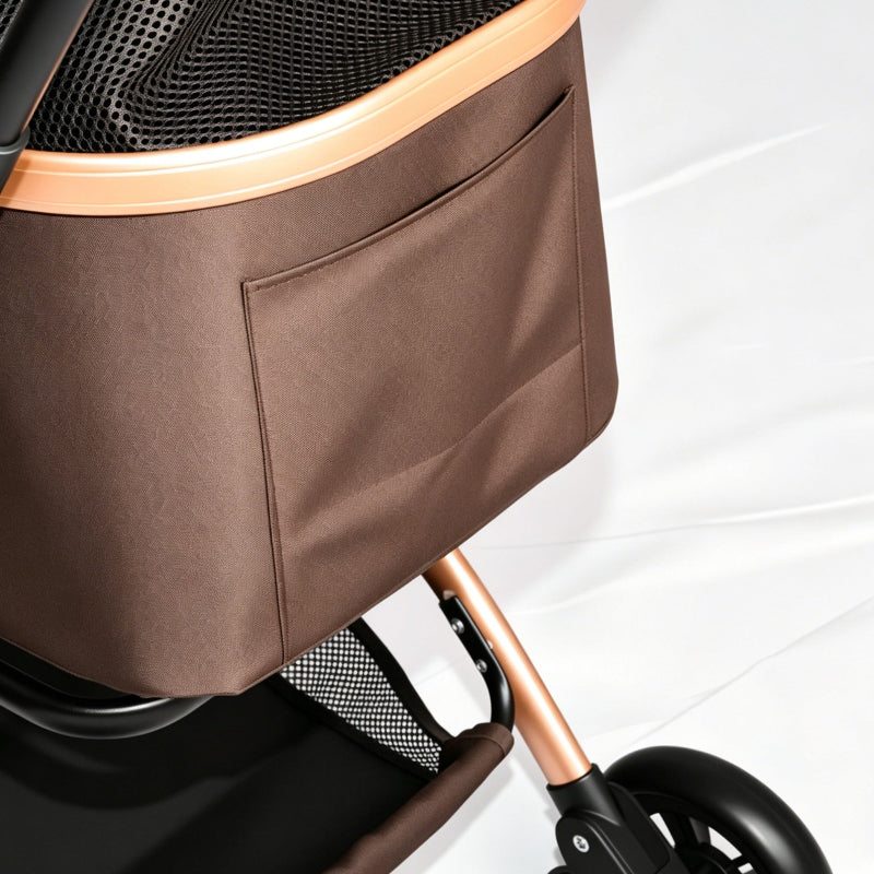 Close-up view of the pet stroller showing a convenient back storage pocket on the basket and a large mesh basket underneath for extra storage.