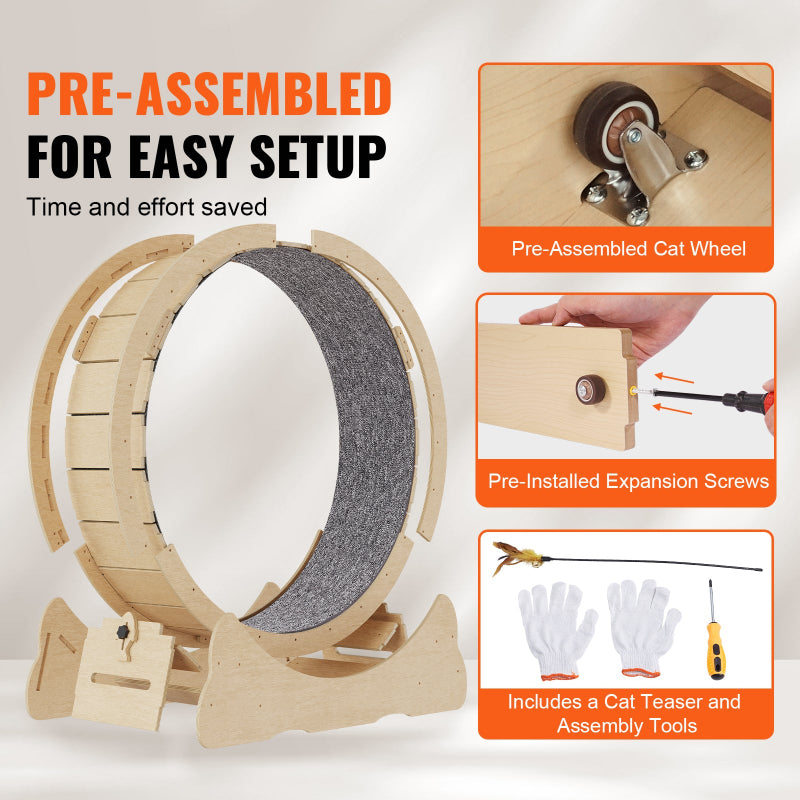 Product infographic showing the pre-assembled wooden cat exercise wheel, close-up of pre-installed wheels and expansion screws, along with included assembly tools and cat teaser toy