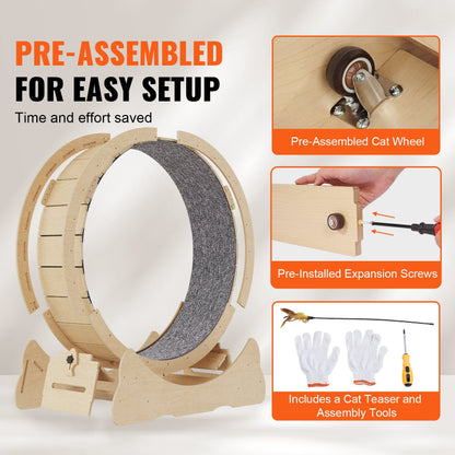 Product infographic showing the pre-assembled wooden cat exercise wheel, close-up of pre-installed wheels and expansion screws, along with included assembly tools and cat teaser toy