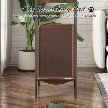 Front view close-up of the large brown sisal cat scratching pad attached to the rustic metal-framed cat tree tower in a cozy living room setting