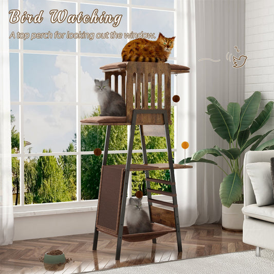 A rustic brown metal and wood cat tree tower placed next to a large sunny window with cats lounging on the top perch looking outside