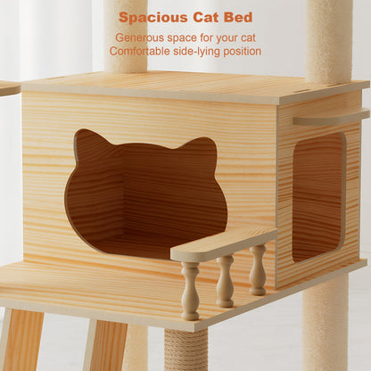 Close-up view of a spacious wooden cat condo house with a cat-head shaped cutout entrance and a small balcony guardrail