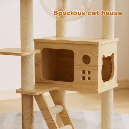 Close-up view of the spacious wooden cat house condo with cat-shaped cutout, ladder, and sisal scratching posts