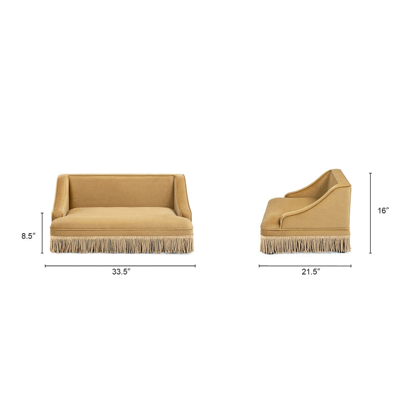 A product dimension diagram showing front and side views of a mustard yellow cat sofa bed with measurements of 33.5 inches long, 21.5 inches wide, and 16 inches high.