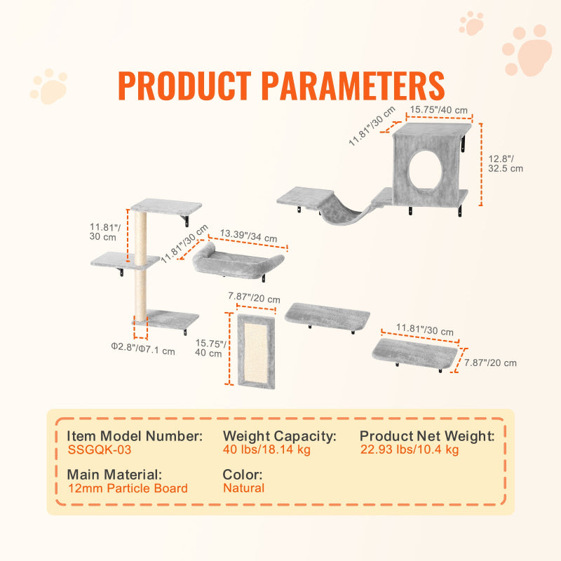 Dimension diagram for wall-mounted cat furniture showing detailed measurements, net weight of 22.93 lbs, and 12mm particle board specification.