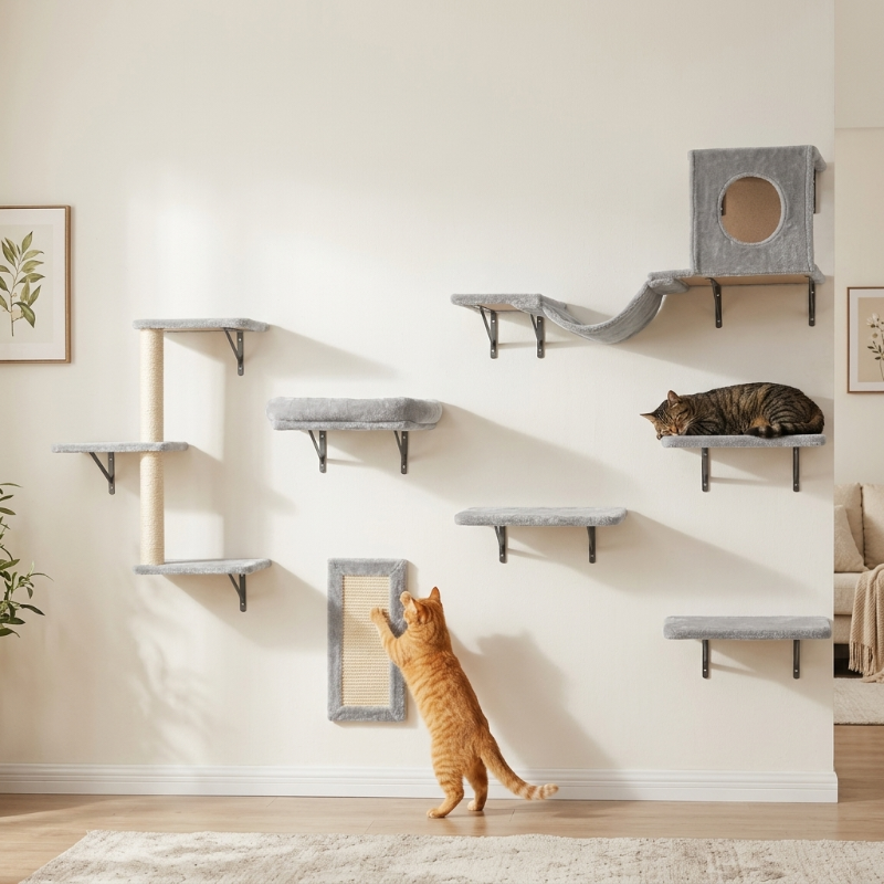 A set of grey wall-mounted cat shelves and scratchers installed on a white wall, featuring an orange tabby cat scratching a post and a striped cat sleeping on a shelf.