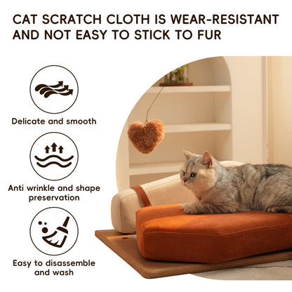 A product infographic featuring a grey cat on an orange sofa bed, highlighting scratch-resistant fabric benefits with icons for smooth texture, shape preservation, and easy washing.