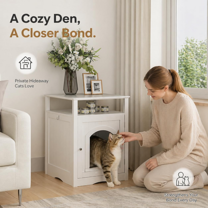 A woman kneeling beside a white wooden cat litter box enclosure, lovingly petting a cat coming out of the arched entrance in a bright living room.