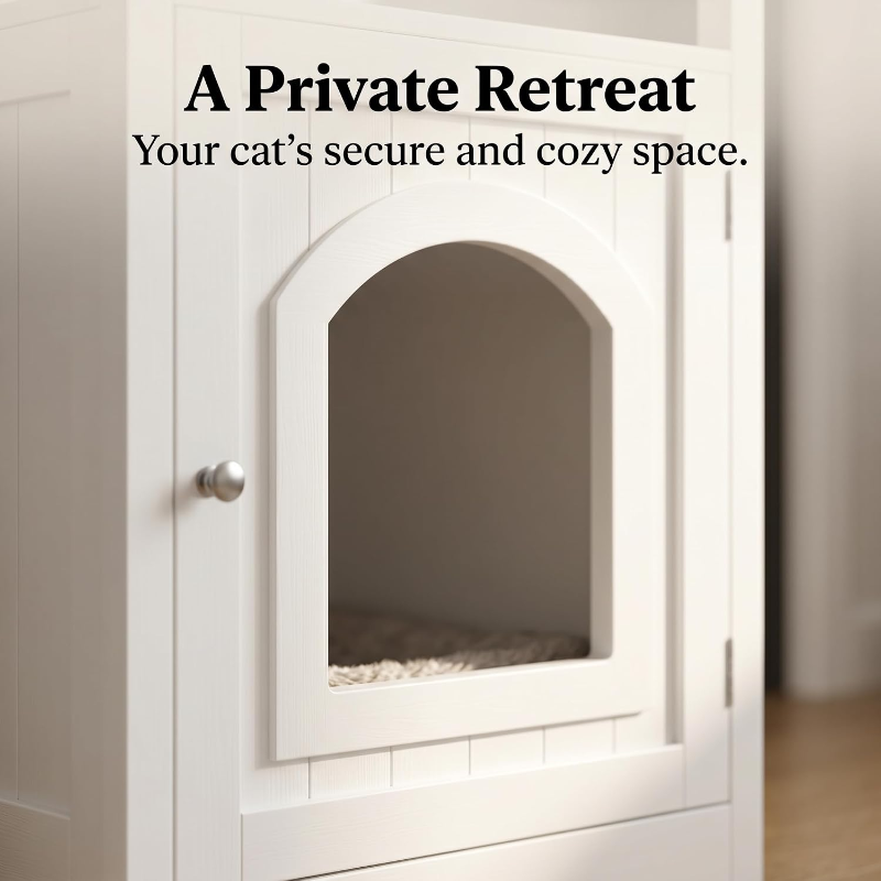 A close-up view of a white wooden cat litter box enclosure featuring an arched entryway and a cabinet door knob.
