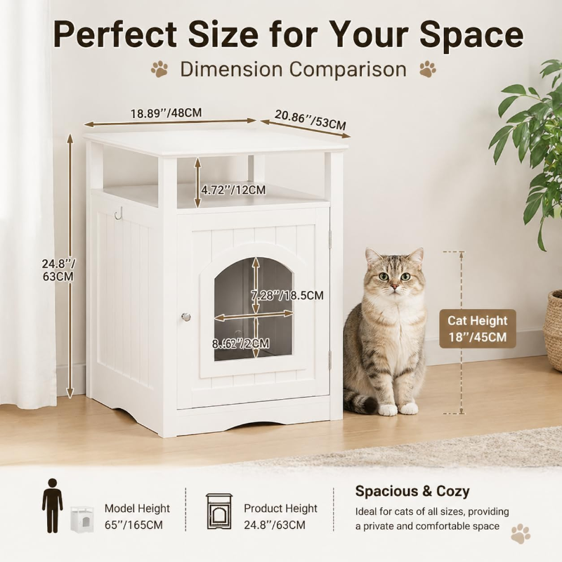 Dimension comparison guide for a white cat litter box enclosure, showing detailed height, width, and entrance measurements alongside a cat for scale.