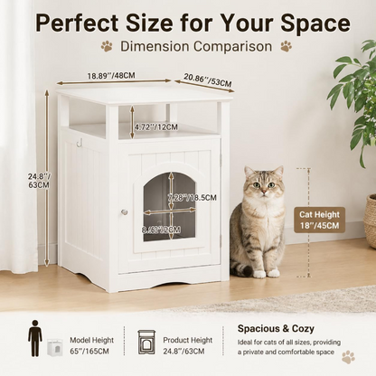 Dimension comparison guide for a white cat litter box enclosure, showing detailed height, width, and entrance measurements alongside a cat for scale.