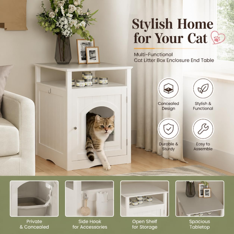 A white multi-functional cat litter box enclosure end table displaying main features including private concealed space, side hook, open storage shelf, and spacious tabletop.