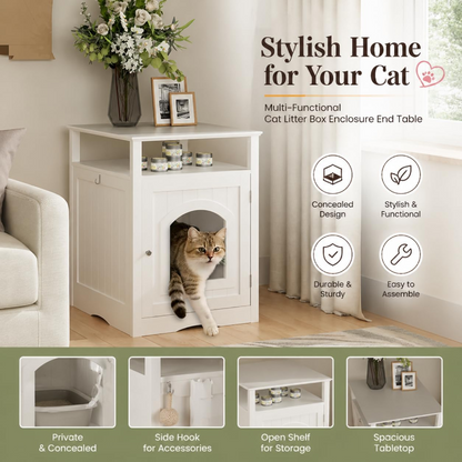 A white multi-functional cat litter box enclosure end table displaying main features including private concealed space, side hook, open storage shelf, and spacious tabletop.