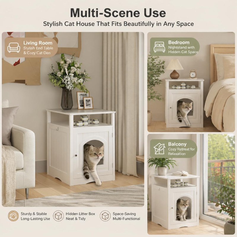 Multi-scene display of a white wooden cat litter box enclosure placed in a living room as an end table, bedroom as a nightstand, and on a balcony as a cozy retreat.