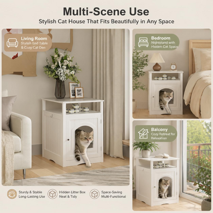 Multi-scene display of a white wooden cat litter box enclosure placed in a living room as an end table, bedroom as a nightstand, and on a balcony as a cozy retreat.
