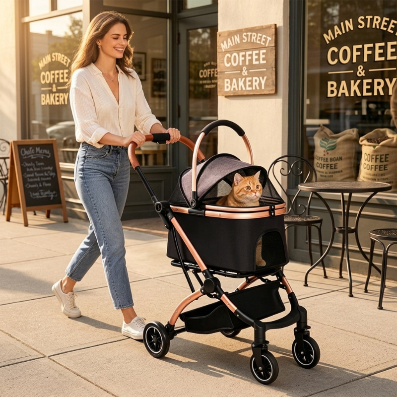 A smiling woman pushing an ginger tabby cat in a black and rose gold cat stroller along a city sidewalk past a coffee shop.