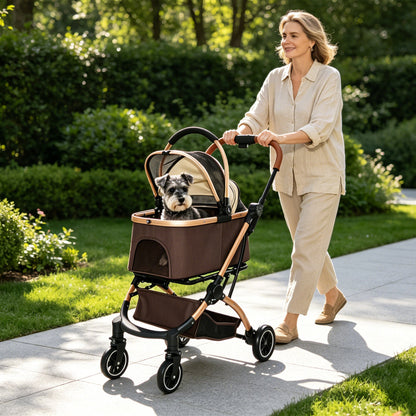 A smiling woman walking a Schnauzer dog in a khaki and gold 4-wheel pet stroller along a paved path in a sunny green park.