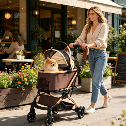 A smiling woman pushing a small Pomeranian dog in a luxury brown and gold 4-wheel pet stroller along a sunny outdoor cafe street.