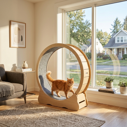 An orange tabby cat walking on a large wooden exercise running wheel with gray carpet lining, placed near a bright window in a modern living room.