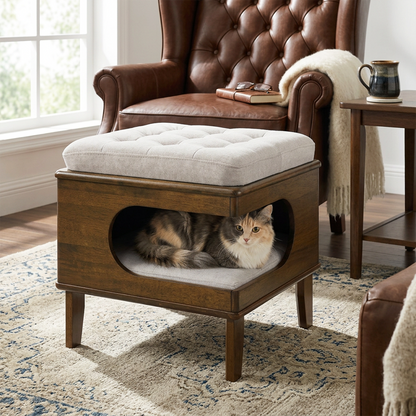 A long-haired calico cat lounging inside a wooden cat cave footstool in a cozy living room next to a leather armchair.