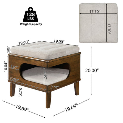 A dimension diagram of a wooden cat house ottoman showing overall measurements, cushion size, cat entrance height, and a 128 lbs weight capacity limit.