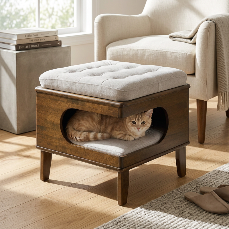 An orange tabby cat resting comfortably inside a mid-century wooden ottoman footstool with a padded cushion on top and a cozy cat cave underneath.