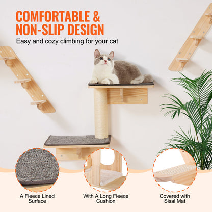 Infographic displaying wooden wall-mounted cat shelves highlighting comfortable non-slip surfaces including a fleece lined surface, long fleece cushion, and sisal mat.
