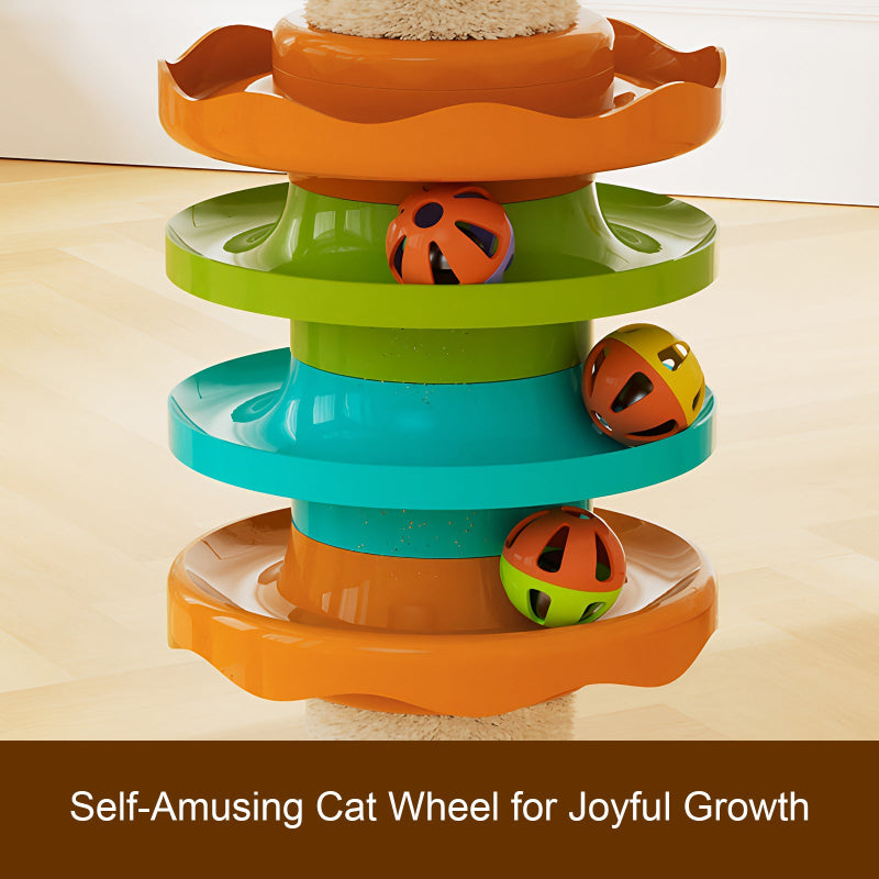 Close-up detail diagram of an interactive wooden track ball toy built into a tall cat tree tower, designed to stimulate mental agility and playfulness in cats.