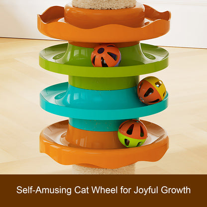 Close-up detail diagram of an interactive wooden track ball toy built into a tall cat tree tower, designed to stimulate mental agility and playfulness in cats.