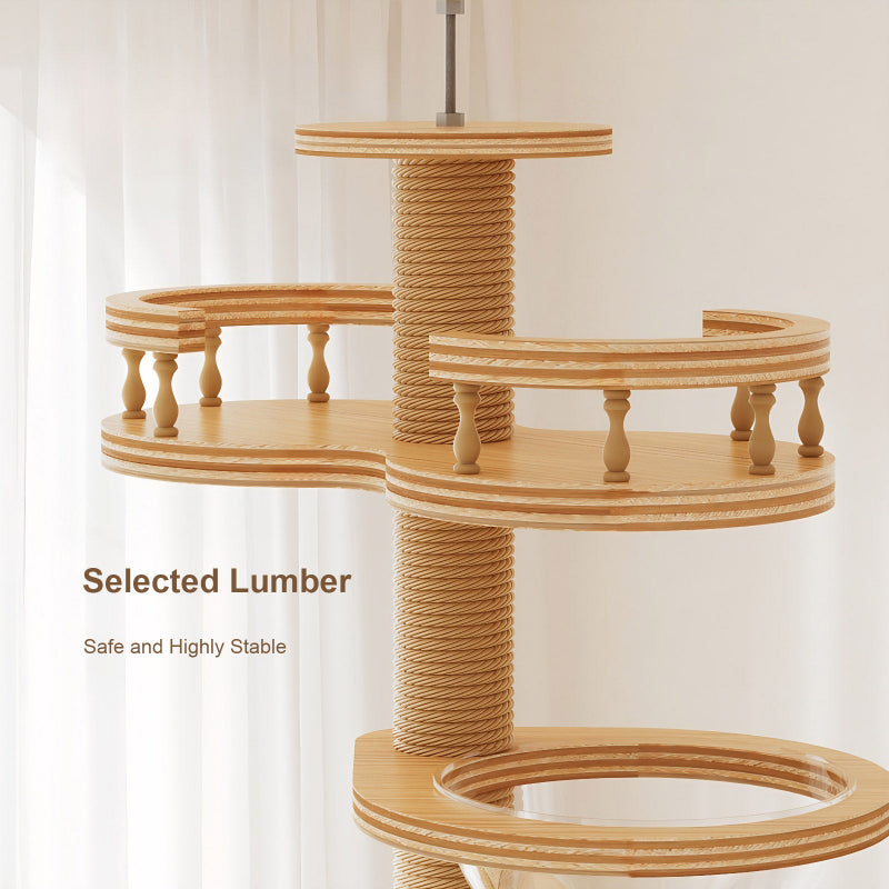 Close-up product shot highlighting selected solid lumber construction and safety guardrail perch on a floor-to-ceiling wooden cat tree tower.