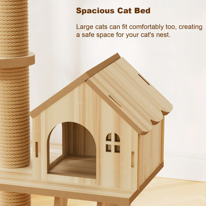 Close-up feature graphic of a spacious wooden cat house condo built into a tall cat tree, designed with an arched doorway and side window for large cats.