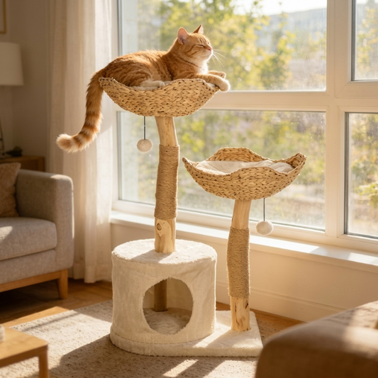 A natural wooden cat tree with two woven basket perches and a plush cat condo placed near a sunny window, with an orange tabby cat sleeping in the top basket.