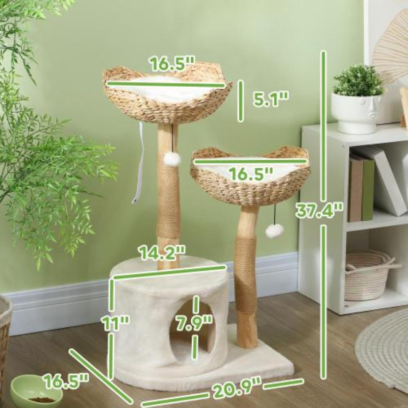 Product dimension diagram displaying measurements for the natural wood cat tree, including 37.4 inch height, 20.9 inch width base, and 16.5 inch woven basket perches.