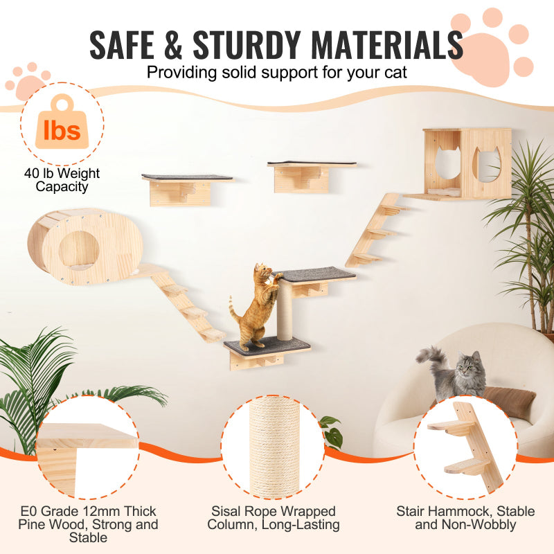 Infographic highlighting safe and sturdy materials of wooden wall-mounted cat shelves with a 40 lb weight capacity, E0 grade 12mm thick pine wood, and sisal rope column.